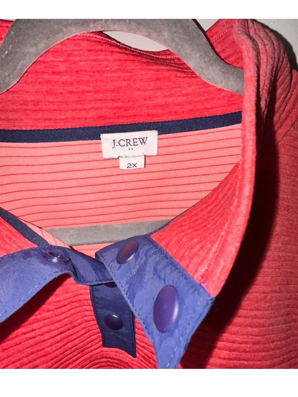 J Crew Coral Pullover Top with Navy Trim